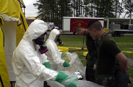 MARINE CORPS AIR STATION NEW RIVER, N.C. -Emergency workers instruct Marines before they go through a decontamination tent during the North Carolina Regional Exercise 2005 April 9 after coming under attack from a simulated chemical weapons attack.  The exercise was a chance for emergency services and base commanders to test and evaluate their responses to terrorist attacks. This exercise fulfills Department of Defense requirements for annual terrorist training and has been deemed a success by all involved, according to Col. Neil Hornung, deputy branch head of the critical infrastructure branch. (Official Marine Corps photo by Lance Cpl. Shane Suzuki)