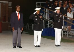 Gunnery Sgt. Henry L. Baul was the guest of honor at the Marine Barracks Washington Evening Parade, May 16.  Lt. Gen. Ronald Coleman, deputy commandant of Manpower and Reserve Affairs and the evening's hosting official, salutes during the pass-in-review with Col. W. Blake Crowe, Barracks commanding officer. In 1942, Baul was the ninth African American to join the Marine Corps, enlisting out of the Washington Navy Yard.