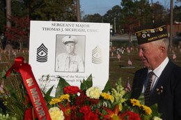 A member of the Veterans of Foreign Wars Post 9133 reflects on the life and career of Thomas J. McHugh, third sergeant major of the Marine Corps, during the wreath-laying ceremony at the Coastal Carolina State Veterans Cemetery, Nov. 10.