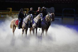 The Marine Corps Mounted Color Guard rehearsing for the 2012 National Finals Rodeo, at the Thomas Mac Center, Las Vegas, Nev., Dec. 11. The MCG performed several rehearsals to prepare their horses for the climate of the arena. 
