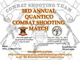 Weapons Training Battalion Commanding Officer Col. Glenn R. Guenther and the Marine Corps Combat Shooting Team will be hosting the Annual Quantico Combat Shooting Competition May 29 - 31 at MCB Quantico’s Weapons Training Battalion. This year’s honorary guest will be Maj. Brian R. Chontosh, a Navy Cross recipient.  