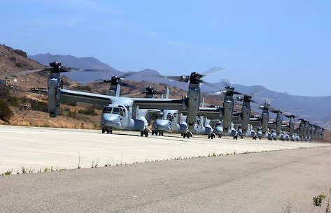 MV-22B Ospreys with Marine Medium Tiltrotor Squadron 163, 3rd Marine Aircraft Wing wait, to take off to take a battalion of Marines to 29 Palms during Dawn Blitz 2013, June 21. Dawn Blitz demonstrates the unique capabilities of the Marine Corps and Navy to rapidly respond to contingencies in coordination with our coalition partners.
