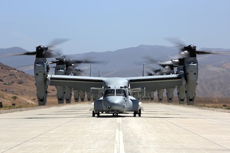 MV-22B Ospreys with 3rd Marine Aircraft Wing wait to take off to take a battalion of Marines to 29 Palms during Dawn Blitz 2013, June 21. Exercises like Dawn Blitz 2013 provide realistic relevant training necessary for effective global crisis response expected of the Navy and Marine Corps.
