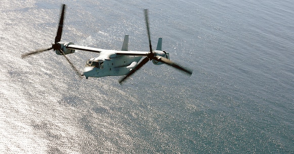 An MV-22B Osprey with Marine Medium Tiltrotor Squadron 161 "Greyhawks" flies over the Pacific Ocean on its way to collect a detachment of Marines with 1st Battalion, 11th Marines after they performed sensor recovery, repair and updating aboard San Clemente Island, Calif., Nov. 1. This was a routine flight for the squadron, but crucial to the ground unit's mission aboard the island.