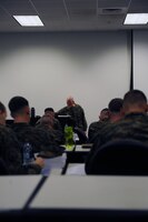 Staff Sgt Jeffrey Helker, faculty advisor, Sergeants Course, Staff Non-Commissioned Officer Academy, teaches a class on Marine Air Ground Task Force on Jan. 14. Sergeants get a more indepth training of Marine Corps knowledge during the course.