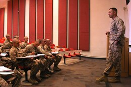 Captain Jeffrey C. Marston, company commander, Company D, 1st Recruit Training Battalion, tells recruits that the primary function of a Marine is to be a riflemen during combat leadership class aboard Marine Corps Recruit Depot San Diego April 9. 