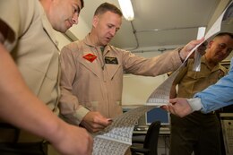 Col. Robert Boyles, incoming commanding officer for Marine Fighter Attack Training Squadron 101, goes over statistics for the F/A-18 APG-73 Radar System Integrated Test Bench during an inauguration ceremony aboard Marine Corps Air Station Miramar, Calif., March 28. The bench will be used to correct radar issues with Boyles’ future aircraft.
