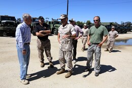The 1st Marine Logistics Group commanding general, Maj. Gen. Vincent Coglianese, hosted a visit for the Honorable Pete Wilson, former governor of California and Marine at Camp Pendleton, Calif. 22 Aug. 2014. Mr. Wilson spent his visit with 1st MLG Marines, participating in several ranges and observing demonstrations, to include the convoy simulator and explosive ordinance disposal. 
