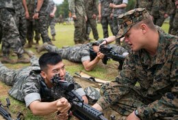 A Republic of Korea Marine, left, is instructed by U.S. Marine Lance Cpl. Axel E. Hogberg June 7 at the 1st ROK Marine Division base in Pohang, South Korea. The Marines executed weapons familiarization training in preparation for Korean Marine Exchange Program 14-8, which is slated to take place June 9-21. KMEP is a regularly-scheduled, combined, small-unit training exercise, which enhances the combat readiness and interoperability of ROK-U.S. Marine Corps forces. Hogberg is a military policeman with Company A, 3rd Law Enforcement Battalion, III Marine Expeditionary Force Headquarters Group, III MEF. (U.S. Marine Corps photo by Lance Cpl. Drew Tech/Released)