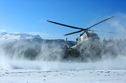 A Norwegian helicopter lands near a dock in Soreisa, Norway, to deliver inspectors from Belarus during Cold Response 14, March 17, to evaluate the U.S. Marine component of the exercise. The inspection during Cold Response 14 is conducted under the auspices of the Vienna Document, which obligates signatories from more than 50 nation States to exchange information in regards to size, structure, training and equipment of its armed forces as well as related defense policy, doctrines to build multilateral transparency, trust, cooperation and confidence.

