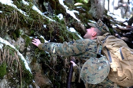Sergeant Wallace Tainter, an infantryman with Black Sea Rotational Force 14 from 3rd Battalion, 8th Marine Regiment, climbs over a ledge during a mountain training exercise with Romanian soldiers of the 17th Mountain Troop Bn. during Exercise Platinum Lynx in the Carpathian Mountains, May 7, 2014. Exercise Platinum Lynx 14-5 is a bilateral exercise between the United States Marines and sailors, and Romanian Land Forces, designed to build familiarity and interoperability between the United States and their Romanian allies through squad and platoon level infantry training. (Official Marine Corps photo by Lance Cpl. Scott W. Whiting, BSRF PAO/ Released)