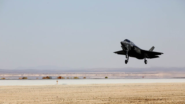 A F-35B Lightning II with Marine Operational and Test Evaluation Squadron 22 taxies under a canopy aboard Edwards Air Force Base, Calif., Oct. 9. This is the squadron’s first F-35 Lightning II.