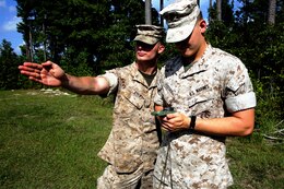 Lance Cpl. Joshua Byer, left, and Lance Cpl. Justin Goodchild use the center-hold compass technique to set a course during a land navigation test at Marine Corps Air Station Cherry Point, N.C., Sept. 3, 2014. Byer and Goodchild are both gunners with 2nd Low Altitude Air Defense Battalion, practicing their land navigation skills during team leaders course. Byer is a native of Columbus, Ohio, and Goodchild is a native of Longwood, Fla.