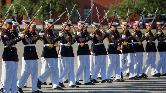 The Marine Corps Silent Drill Platoon performs at Marine Corps Recurit Depot Parris Island, S.C. Oct. 16, 2015. Parris Island’s Centennial Celebration ended with the battle colors ceremony Oct. 16, 2015.
