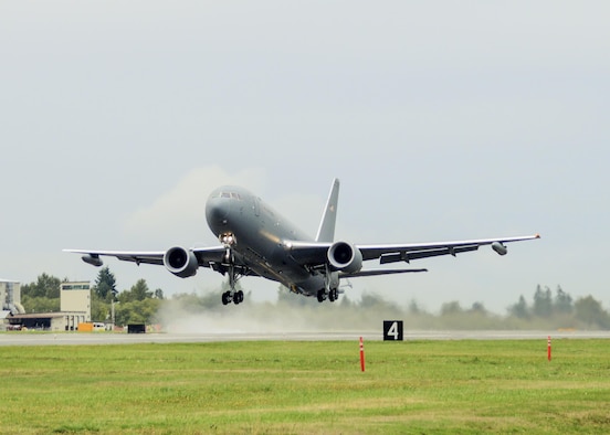 A KC-46 Pegasus took to the skies for its first flight at Paine Field in Everett, Wa., Sept. 25, 2015. (U.S. Air Force photo/Jet Fabara)

